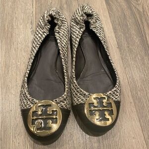 Tory Burch Black and Gold Textured Flats